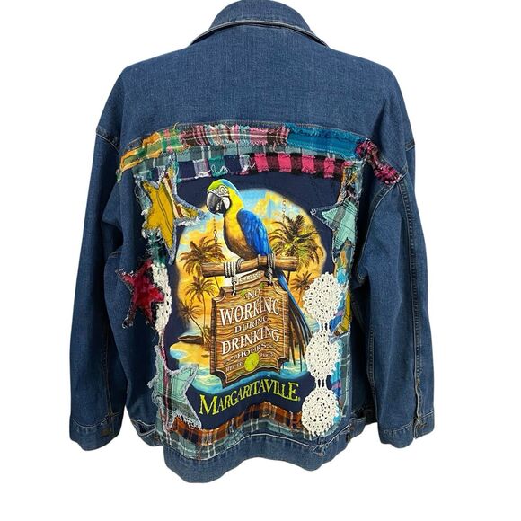 Upcycled Denim Jacket Womens 3X Margaritaville Grunge Patchwork Folk Art Boho - Picture 11 of 15